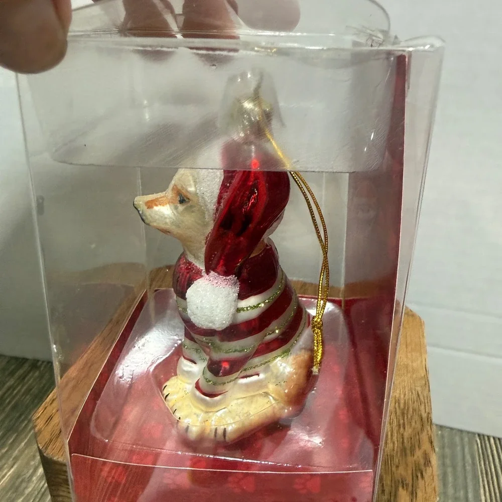 Kurt S Adler Glass Chihuahua Christmas Ornament Red Striped Sweater Santa Hat